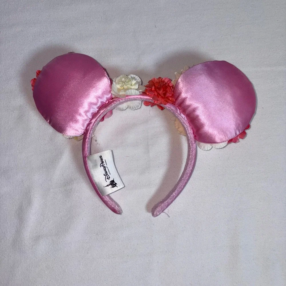 Disney Parks Minnie Mouse Floral Ears Headband OS Pink Excellent Satin Flower